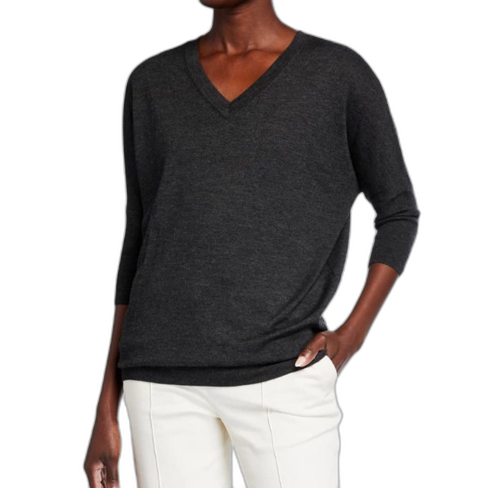 Neiman Marcus Dark Charcoal V-Neck 3/4 Sleeve Sweater